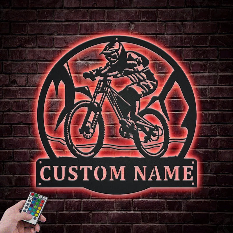 Custom Name Downhill Mountain Biking Metal Wall Signs With RGB Led Light