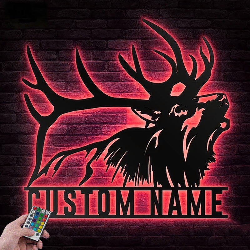 Custom Name ELK Deer Head Metal Wall Signs With RGB Led Light
