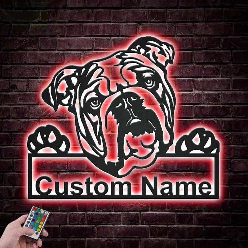 Custom Name English Bulldog Dog, Metal Wall Signs With RGB Led Light