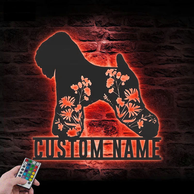 Custom Name FLoral Soft Coated Wheaten Terrier Metal Wall Signs With RGB Led Light
