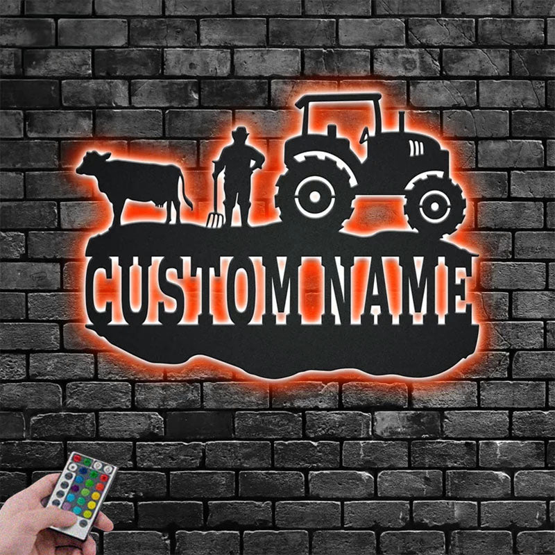 Custom Name Farmer Name Sign Decoration For Room, Metal Wall Signs With RGB Led Light