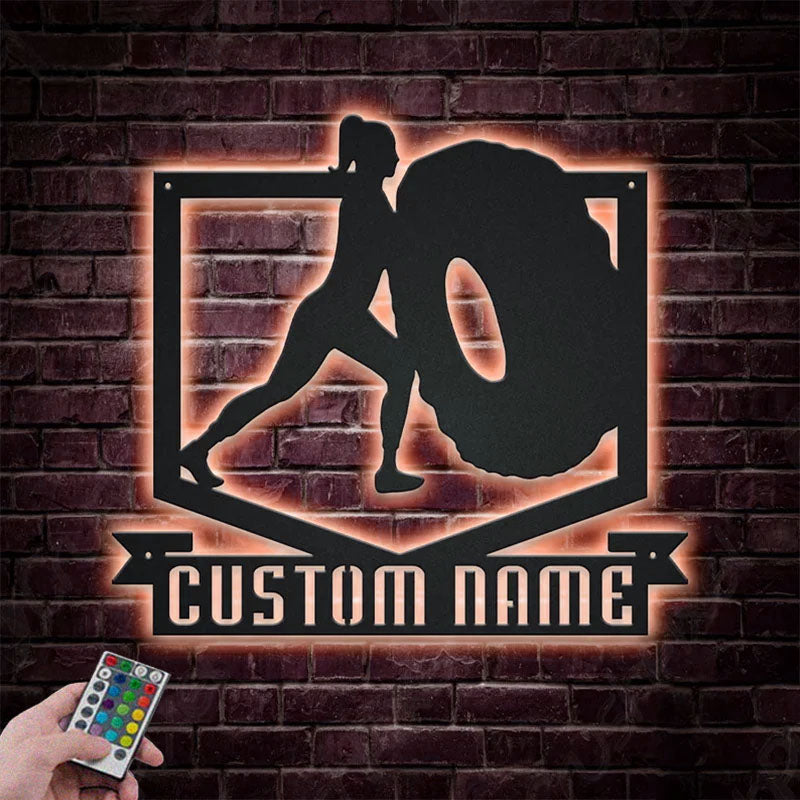 Custom Name Female Bodybuilder For Gym Room WeightLifting Metal Wall Signs With RGB Led Light