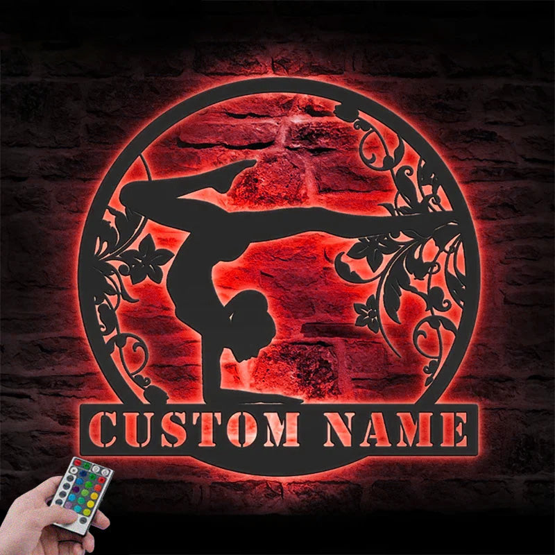Custom Name Female Gymnastics Fitness Metal Wall Signs With RGB Led Light