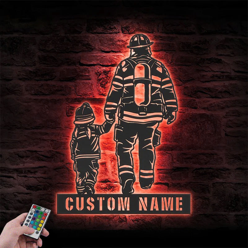 Custom Name Firefighter Father And Daughter Metal Wall Signs With RGB Led Light