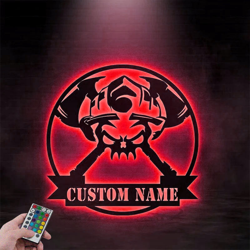 Custom Name Firefighter Skull Metal Wall Signs With RGB Led Light