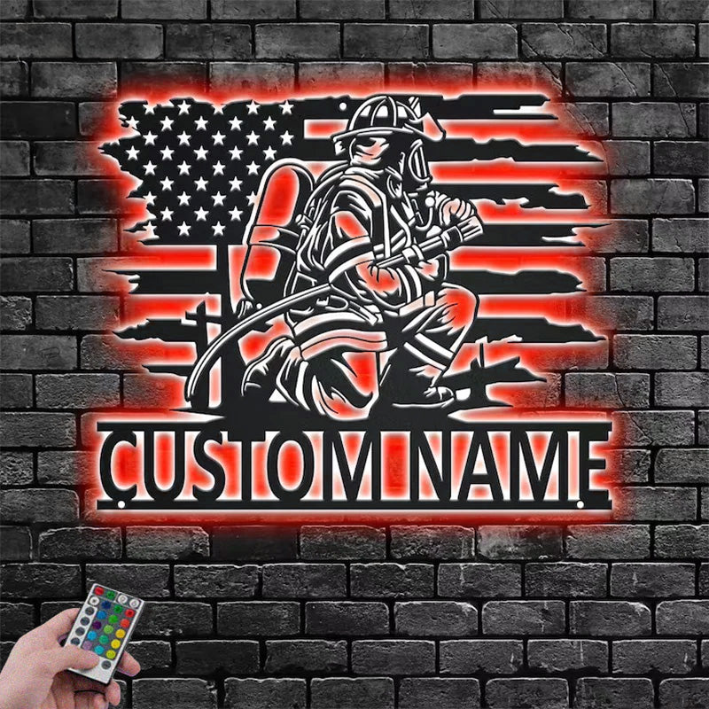 Custom Name Fireman Name Sign Decoration For Room, Metal Wall Signs With RGB Led Light