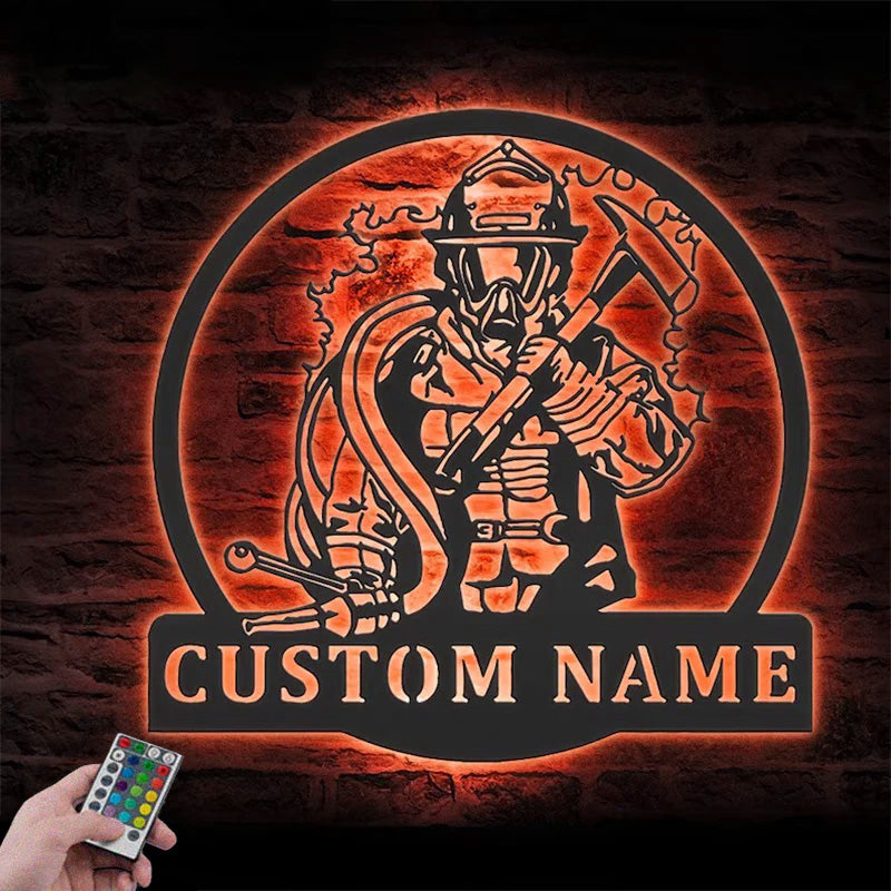 Custom Name Fireman Name Sign Home Decor Fire Department, Metal Wall Signs With RGB Led Light