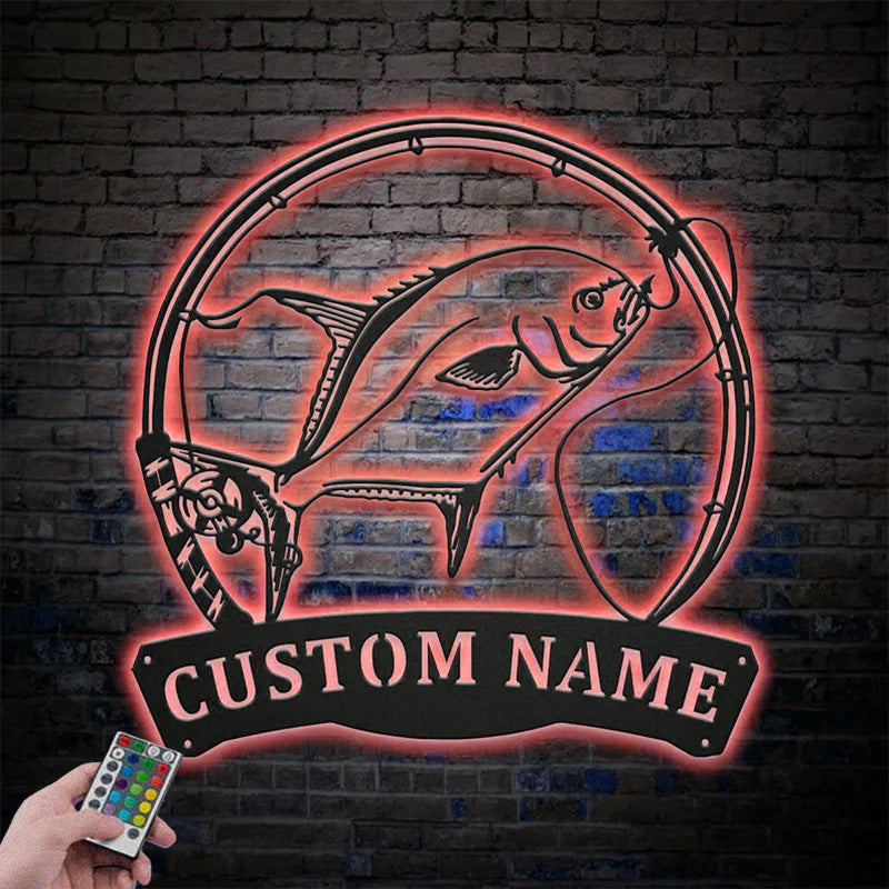 Custom Name Florida Pompano Fish Pole Metal Wall Signs With RGB Led Light