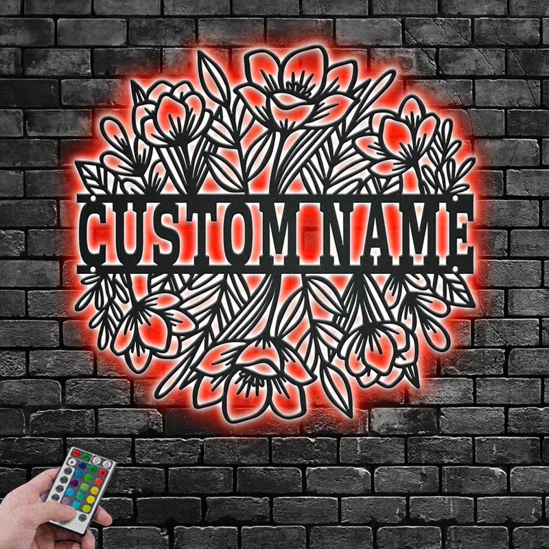 Custom Name Flower Border Name Sign Decoration For Room, Metal Wall Signs With RGB Led Light