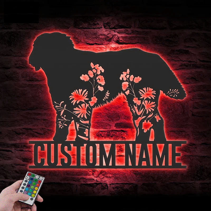 Custom Name Flower Dog Lover Name Sign Home Decor, Metal Wall Signs With RGB Led Light