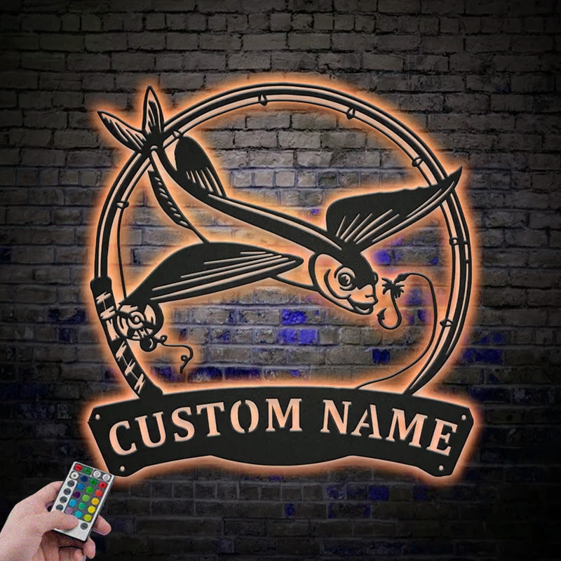 Custom Name Flying Fishing Fish Pole Metal Wall Signs With RGB Led Light