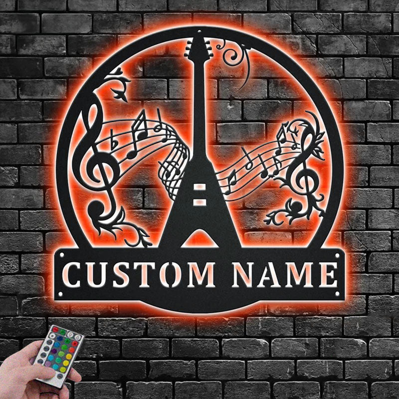 Custom Name Flying V Guitar Name Sign Decoration For Room, Metal Wall Signs With RGB Led Light