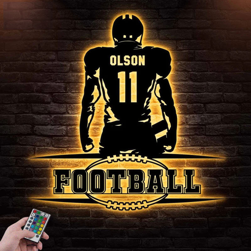 Custom Name Football Player Wall Decor, Metal Wall Signs With RGB Led Light