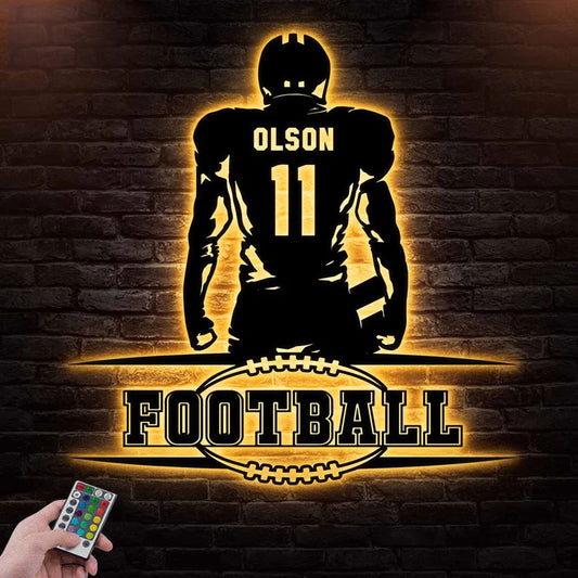 Custom Name Football Player Wall Decor, Metal Wall Signs With RGB Led Light