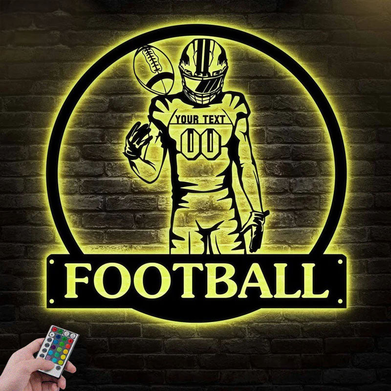 Custom Name Football Player Wall Decor, Metal Wall Signs With RGB Led Light