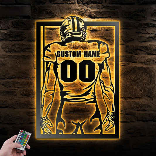 Custom Name Football Player Wall Decor, Metal Wall Signs With RGB Led Light