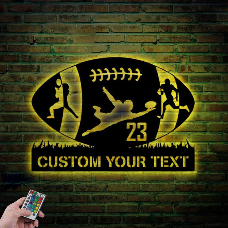Custom Name Football Player, Metal Wall Signs With RGB Led Light