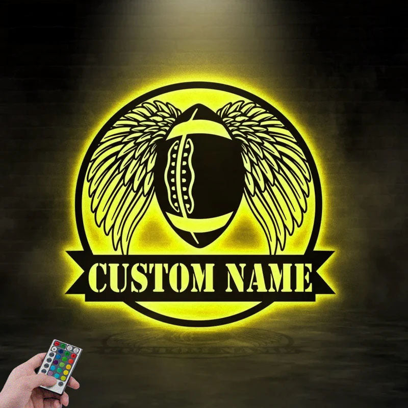 Custom Name Football With Wing, Metal Wall Signs With RGB Led Light