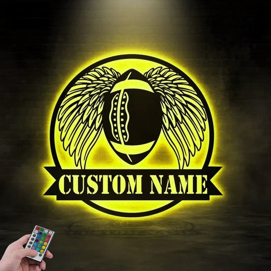 Custom Name Football With Wing, Metal Wall Signs With RGB Led Light