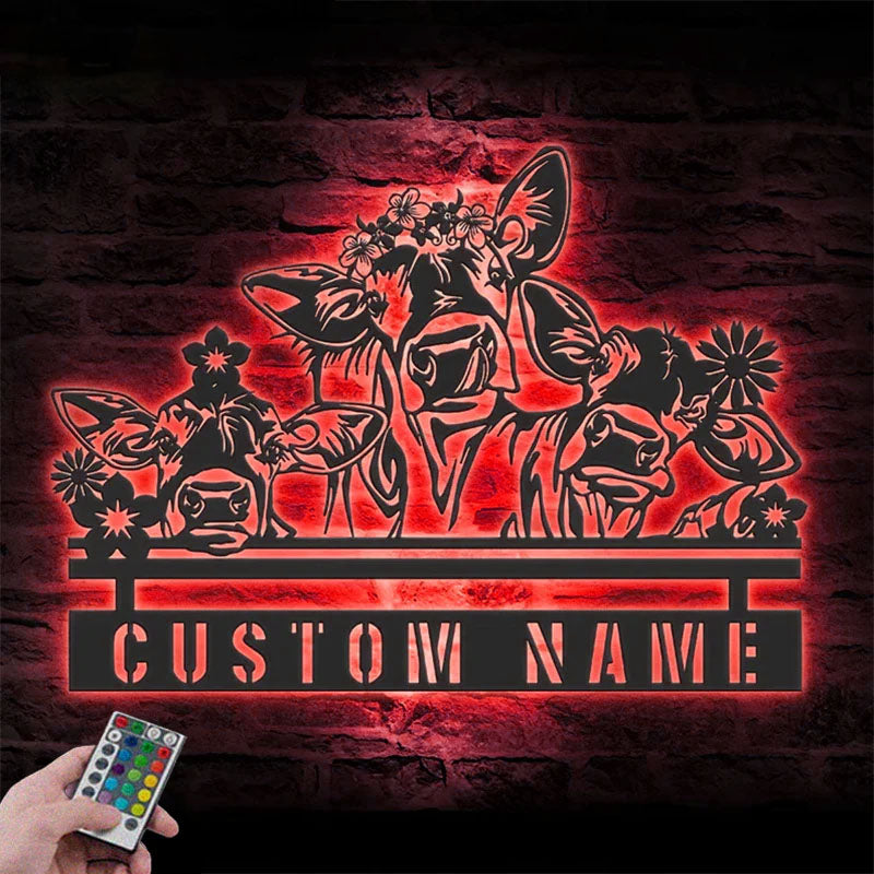 Custom Name Funny Calf Farm Name Sign Home Decor Heifer Barn, Metal Wall Signs With RGB Led Light