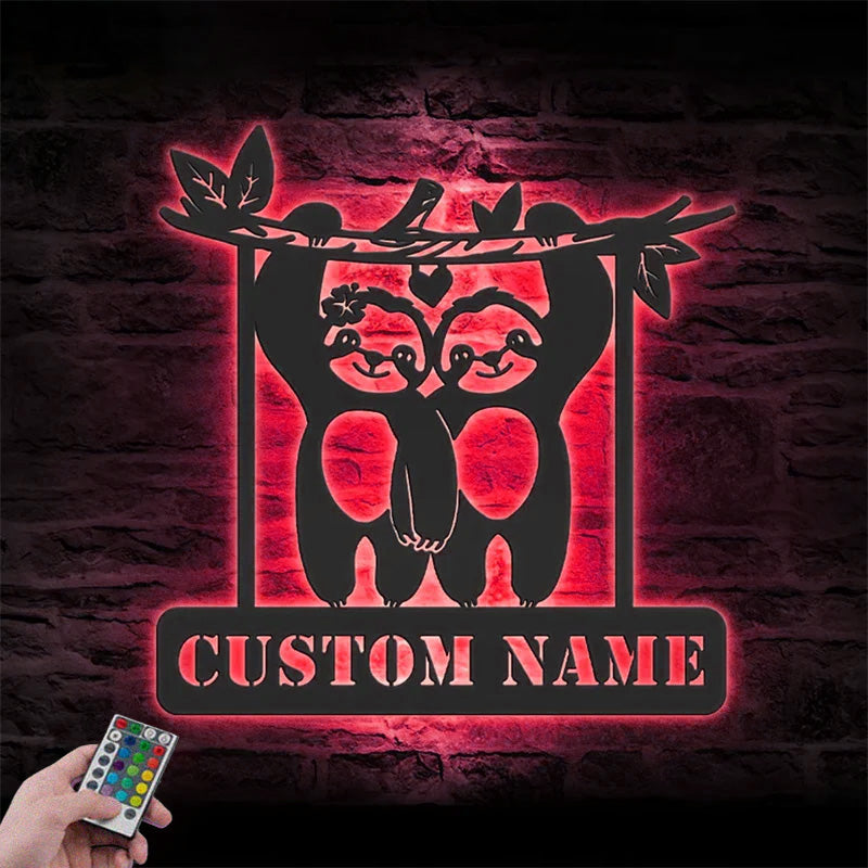 Custom Name Funny Lazy Sloth Lover Metal Wall Signs With RGB Led Light