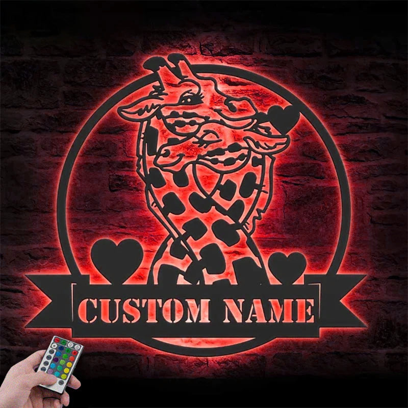 Custom Name Giraffes Lover Metal Wall Signs With RGB Led Light
