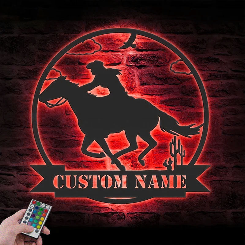 Custom Name Girl And Horse Name Sign Home Decor Horse Farmhouse Barn, Metal Wall Signs With RGB Led Light
