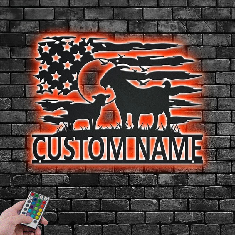 Custom Name Goat Farm Name Sign Decoration For Living Room, Metal Wall Signs With RGB Led Light