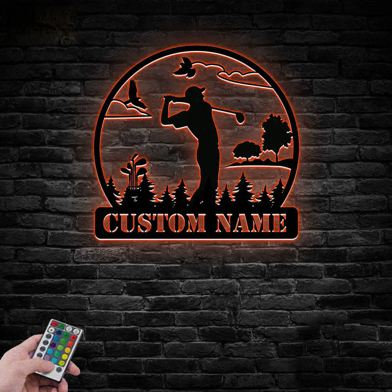 Custom Name Golfer Golf Club Decoration Man Cave Golf, Metal Wall Signs With RGB Led Light