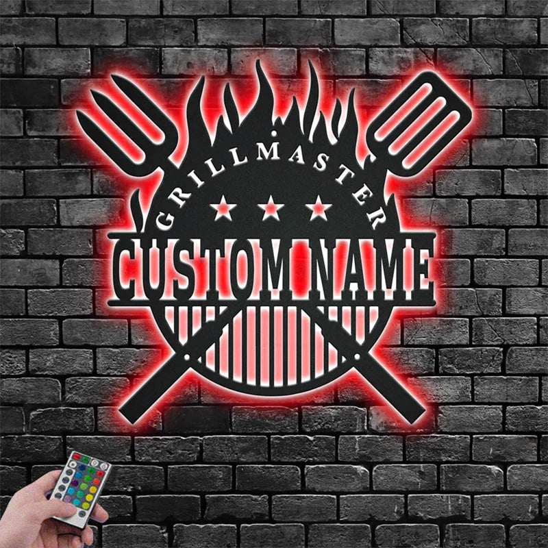 Custom Name Grillmaster BBQ Metal Wall Signs With RGB Led Light