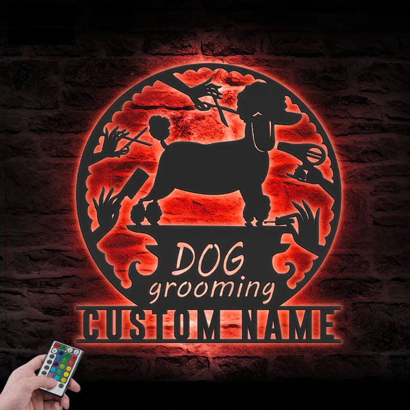 Custom Name Groomer Name Sign Home Decor Pet Barber Shop, Metal Wall Signs With RGB Led Light
