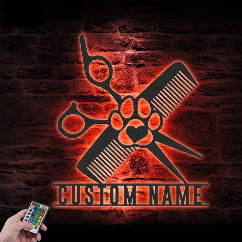 Custom Name Groomer Name Sign Home Decor Pet Grooming, Metal Wall Signs With RGB Led Light