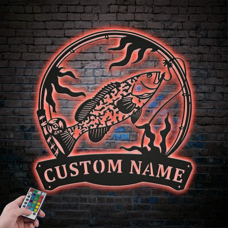 Custom Name Grouper Fishing Fish Pole Metal Wall Signs With RGB Led Light