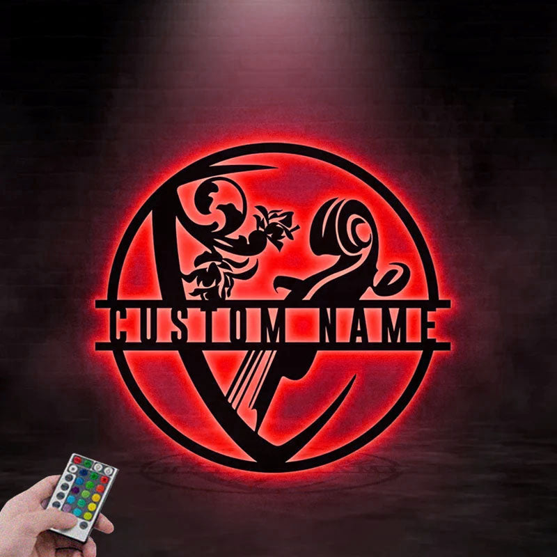 Custom Name Guitar Floral Metal Wall Signs With RGB Led Light