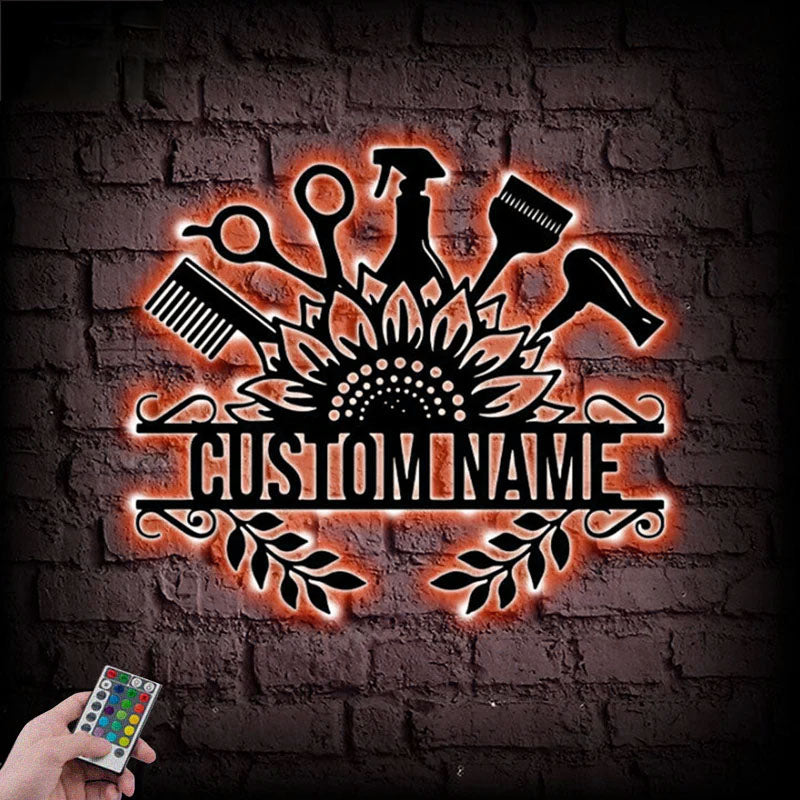 Custom Name Hair Salon Wall Art, Metal Wall Signs With RGB Led Light