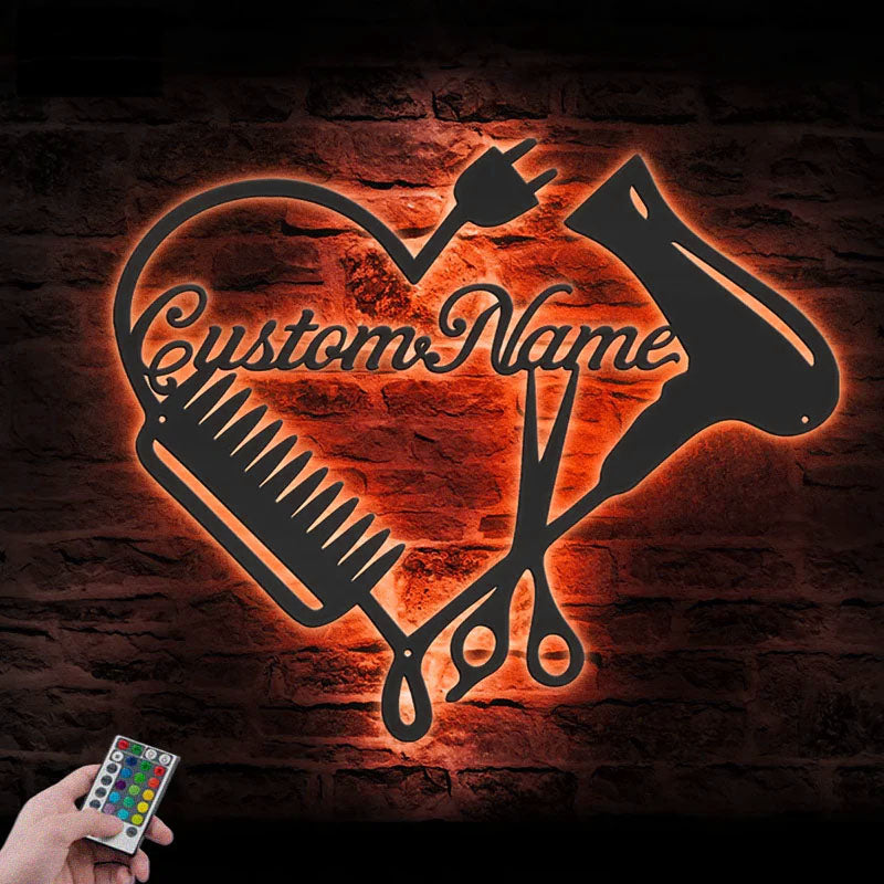 Custom Name Hair Stylist Name Sign Home Decor Hairdresser, Metal Wall Signs With RGB Led Light