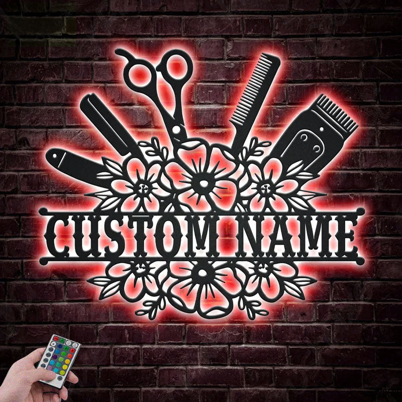 Custom Name Hair Stylist, Metal Wall Signs With RGB Led Light
