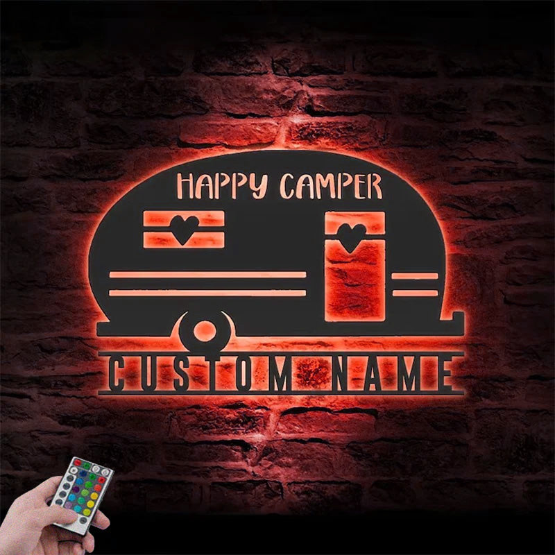 Custom Name Happy Camper Van Metal Wall Signs With RGB Led Light