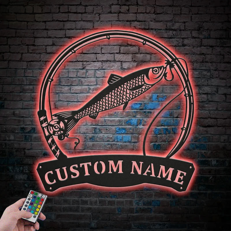 Custom Name Herring Fishing Fish Pole Metal Wall Signs With RGB Led Light