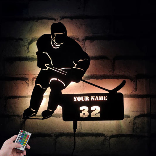Custom Name Hockey Player Sign, Metal Wall Signs With RGB Led Light