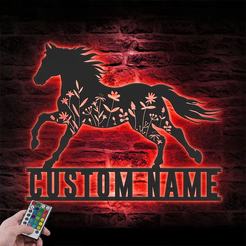 Custom Name Horse Flower Name Sign Home Decor Horse Barn, Metal Wall Signs With RGB Led Light