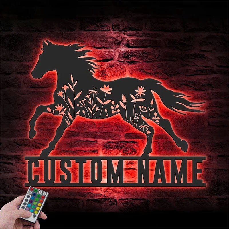 Custom Name Horse Flower Name Sign Home Decor Horse Barn, Metal Wall Signs With RGB Led Light