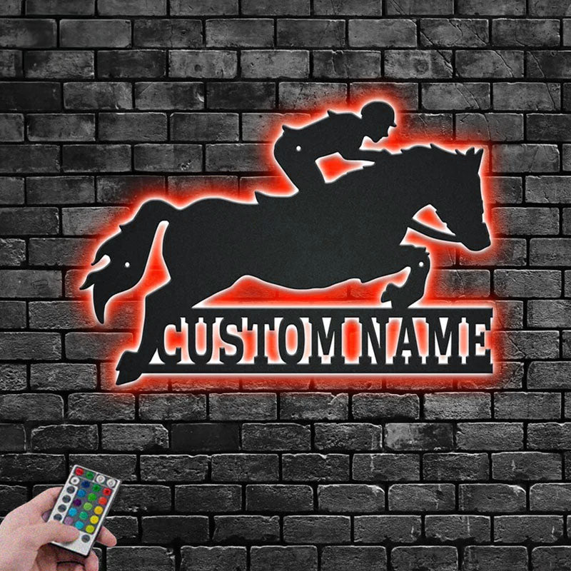 Custom Name Horse Jumping Name Sign Decoration For Room, Metal Wall Signs With RGB Led Light