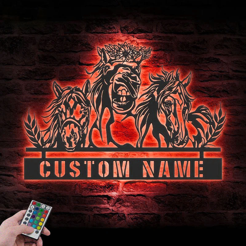 Custom Name Horse Livestock Name Sign Home Decor Horse Barn, Metal Wall Signs With RGB Led Light