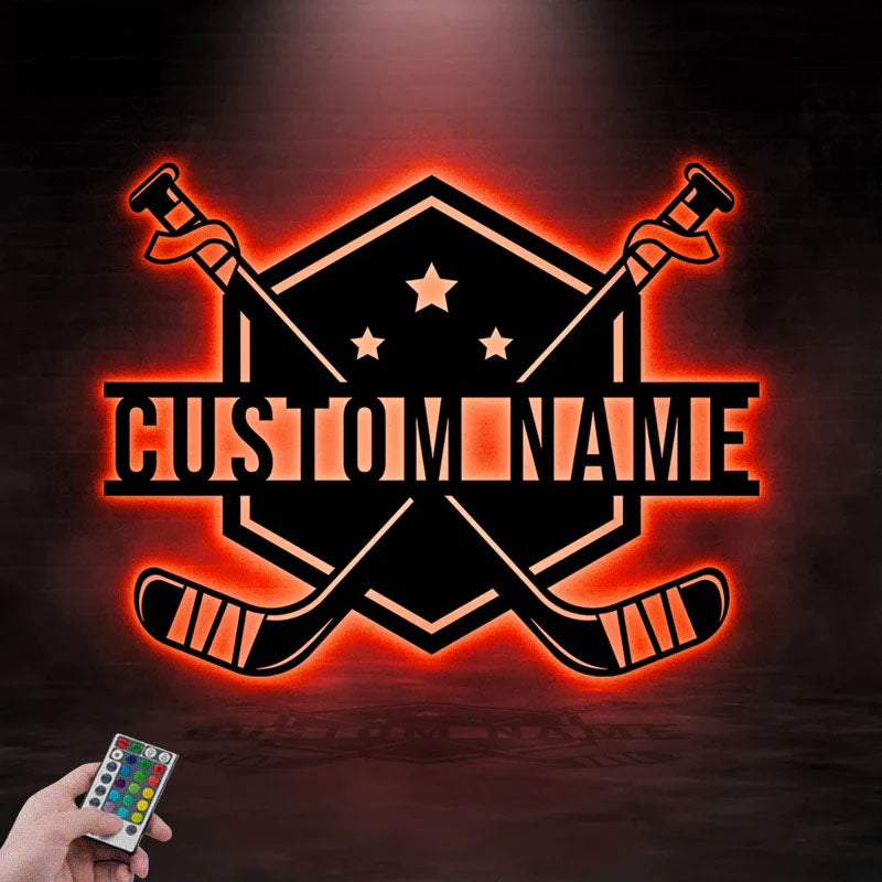 Custom Name ICE Hockey, Metal Wall Signs With RGB Led Light