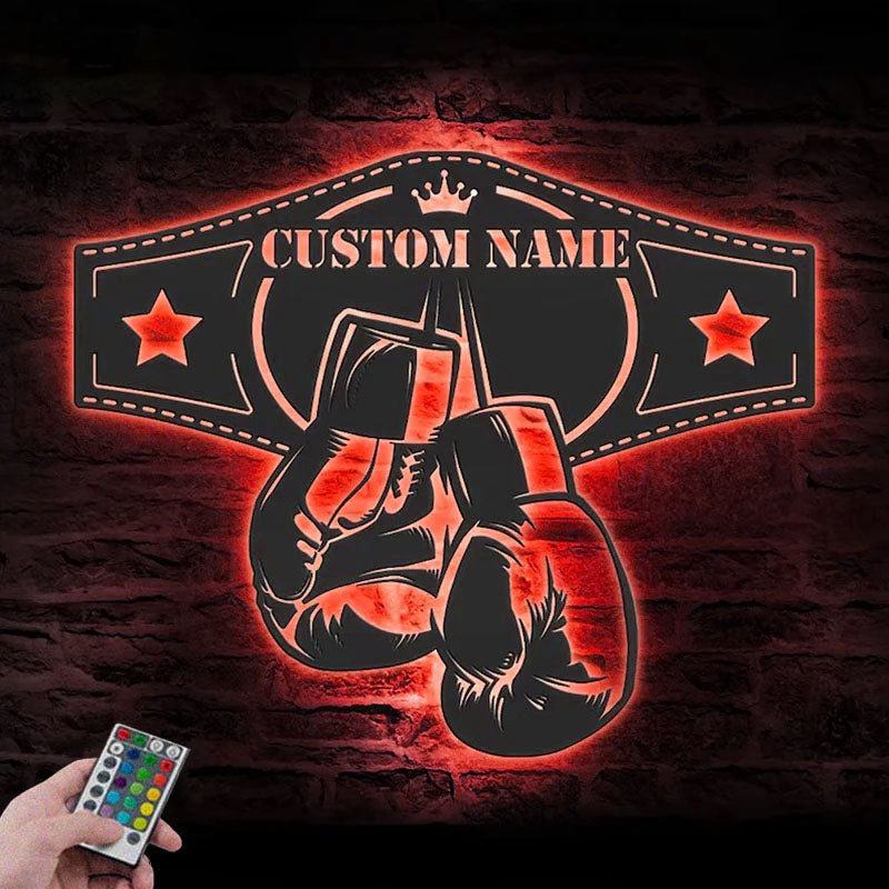 Custom Name King Boxer Belt Name Sign Home Decor Gym Room, Metal Wall Signs With RGB Led Light