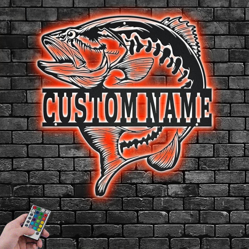 Custom Name Largemouth Bass Fish Name Sign Decoration For Room Metal Wall Signs With RGB Led Light