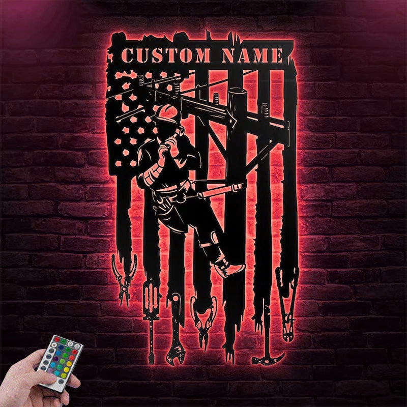 Custom Name Lineman Gifts Metal Wall Signs With RGB Led Light