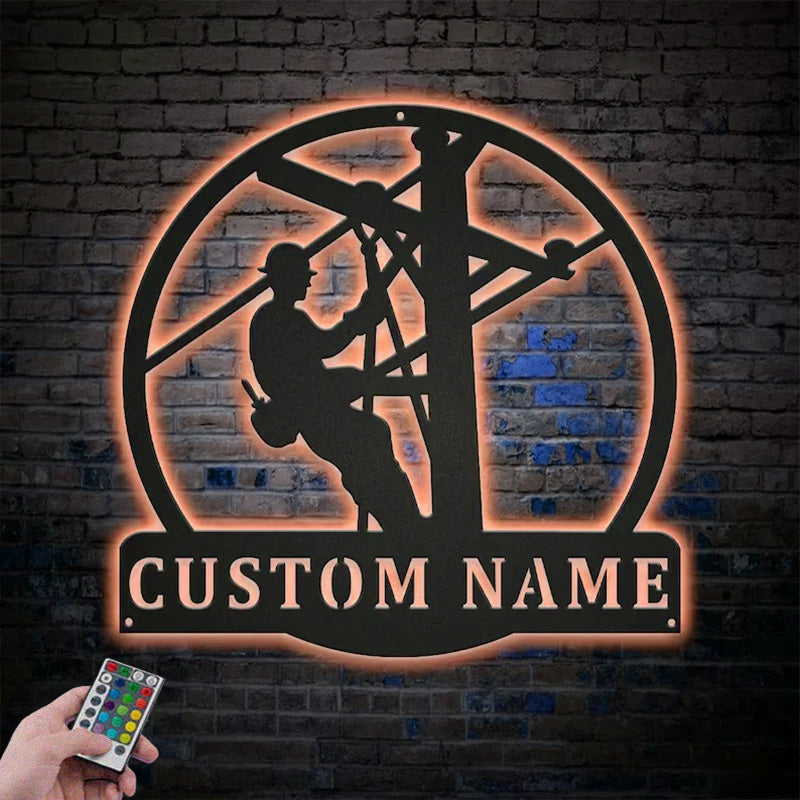 Custom Name Lineman Job Name Metal Wall Signs With RGB Led Light