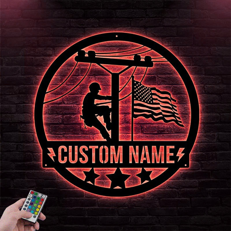 Custom Name Lineman Room Metal Wall Signs With RGB Led Light